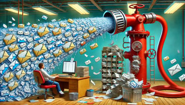 A surreal depiction of a large firehose aimed at a person sitting at a desk